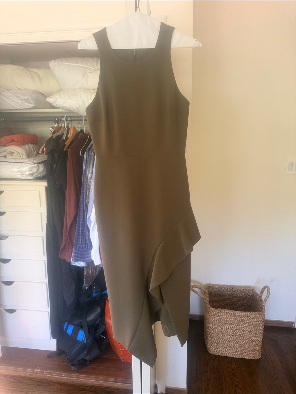 cinq a sept Olive Green Sleeveless Midi Dress with Asymmetric Ruffle